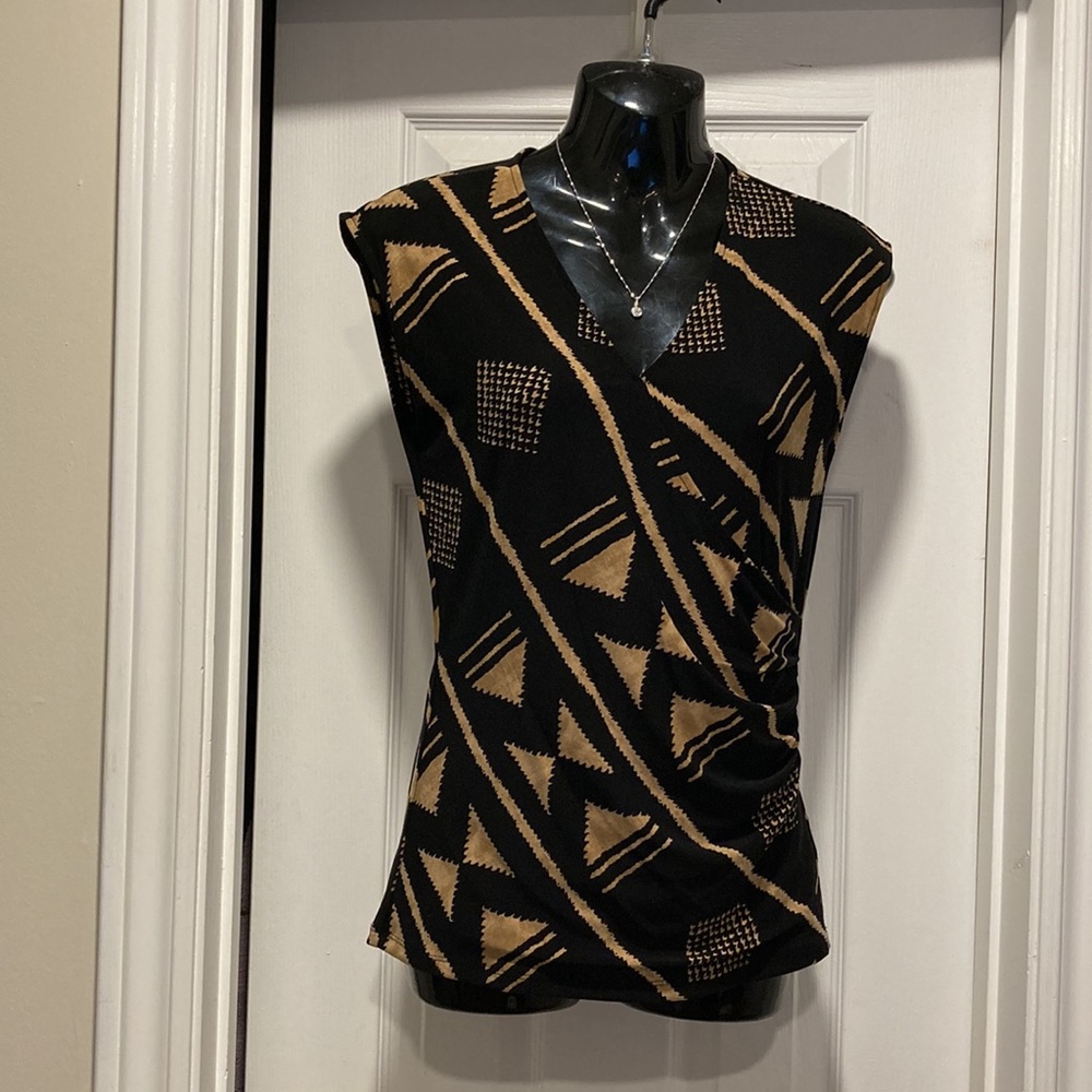 Chaps - Geometric Sleeveless V Neck Stretch Pull On Cross Wrap Top - Sz S